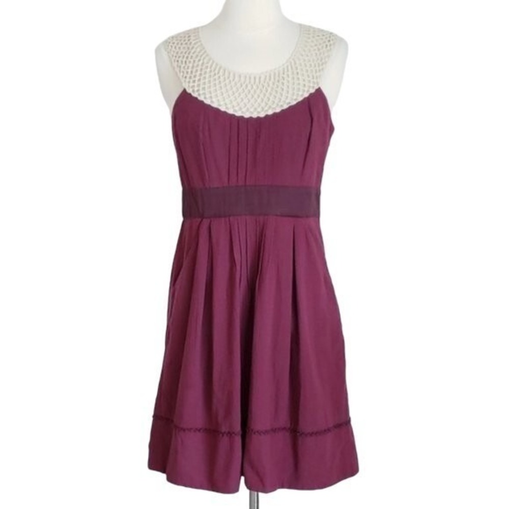 Anthropologie Floreat Burgundy Purple & Ivory Crochet Lace Collar Dress- Size 4